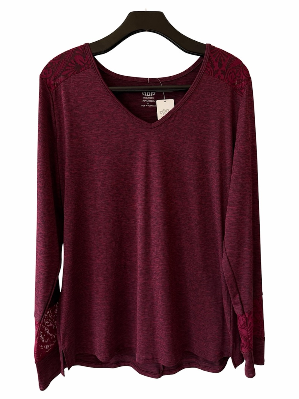 NWT Maurices In Motion Womens XL Burgundy Long Sleeve V-Neck Top Exercise Casual